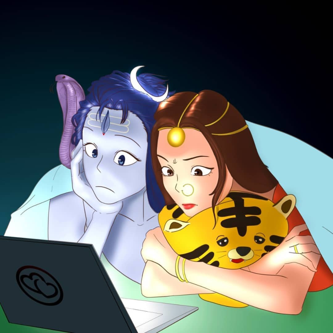 An illustration of a couple huddled over a laptop, staring at the screen