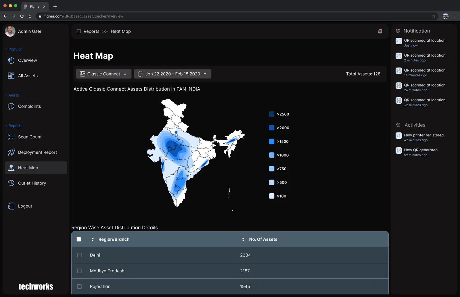 The dashboard heat map of India with asset distribution by region