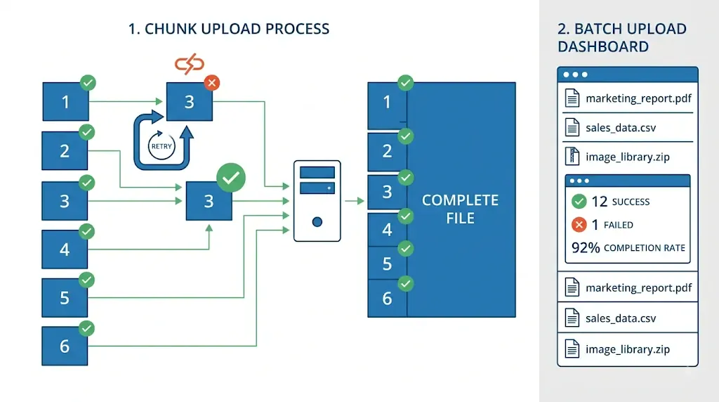 Diagram: chunked upload process with retry, and a batch upload dashboard
