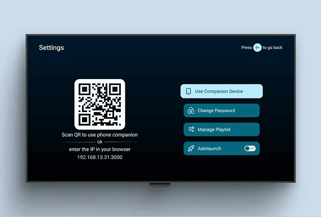 The Settings screen with a QR code and four buttons