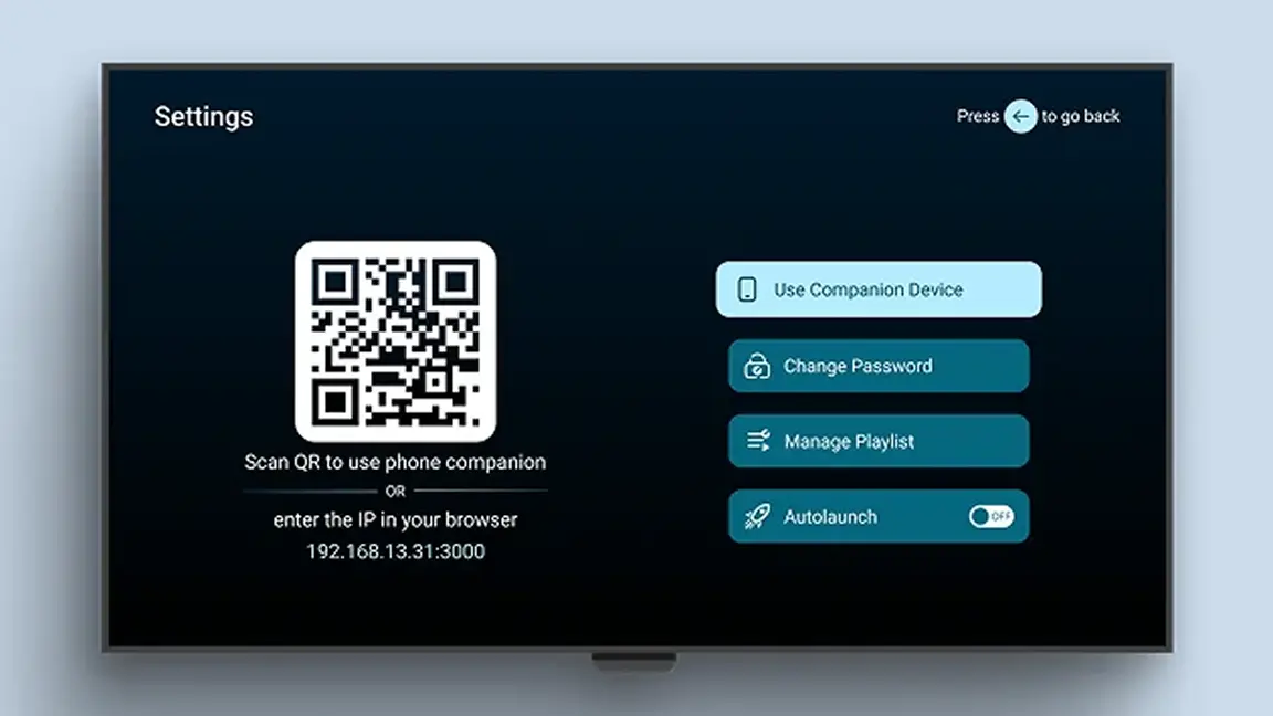 The Xtravu Lite settings screen on a TV