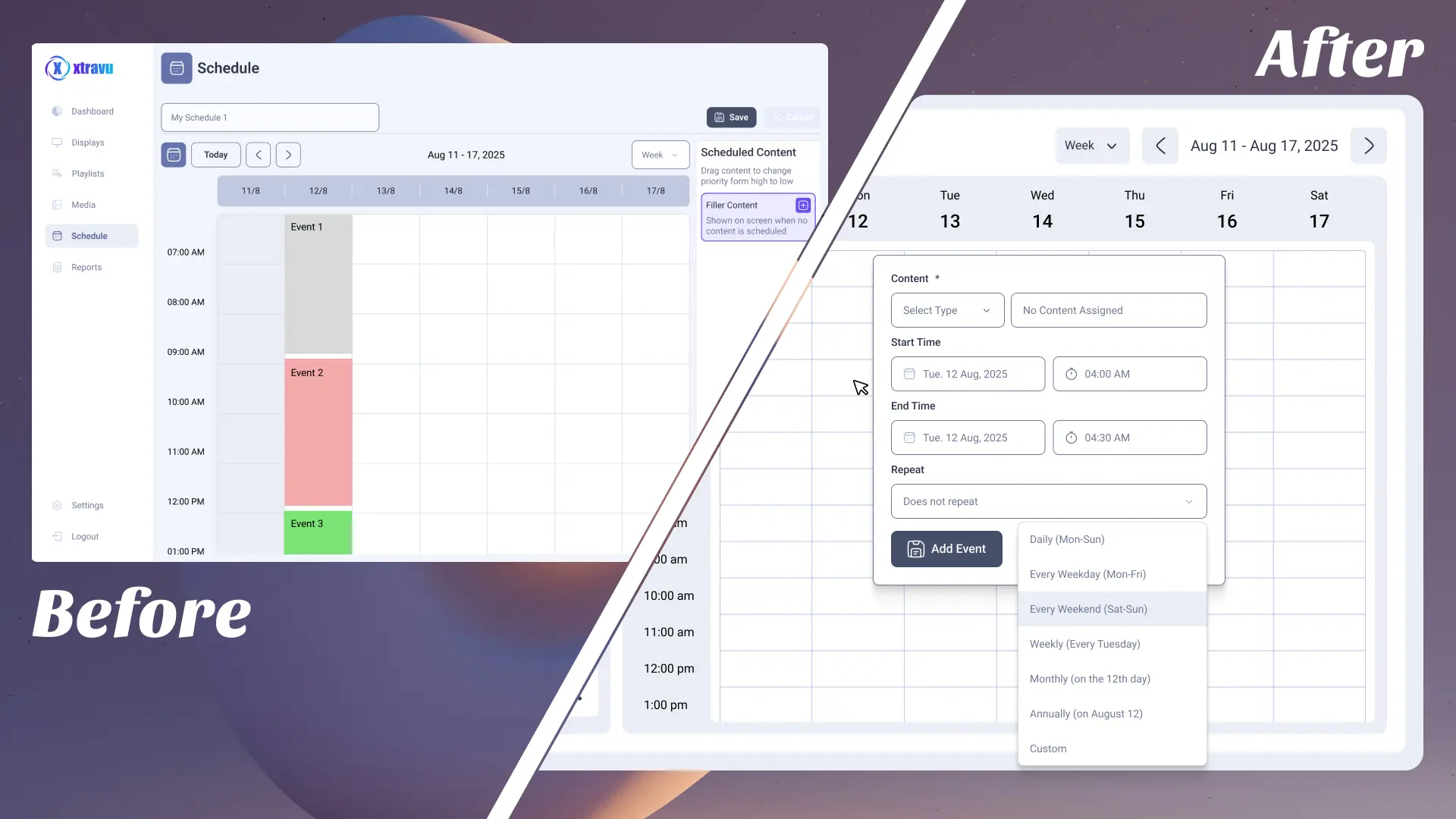 The calendar scheduler before, and the rule builder after