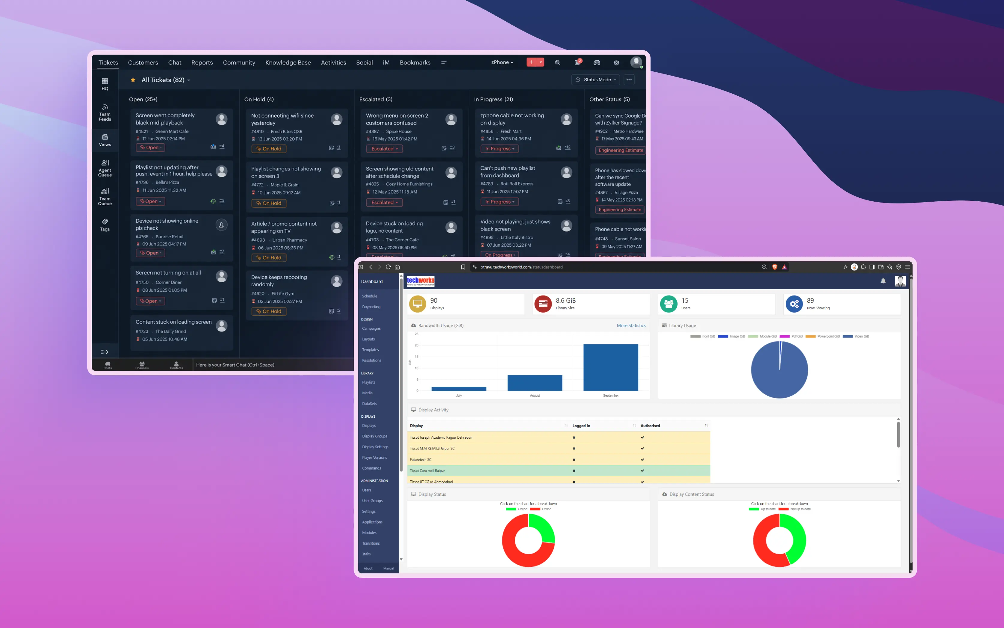 The Xibo dashboard and our Zoho support ticket queue