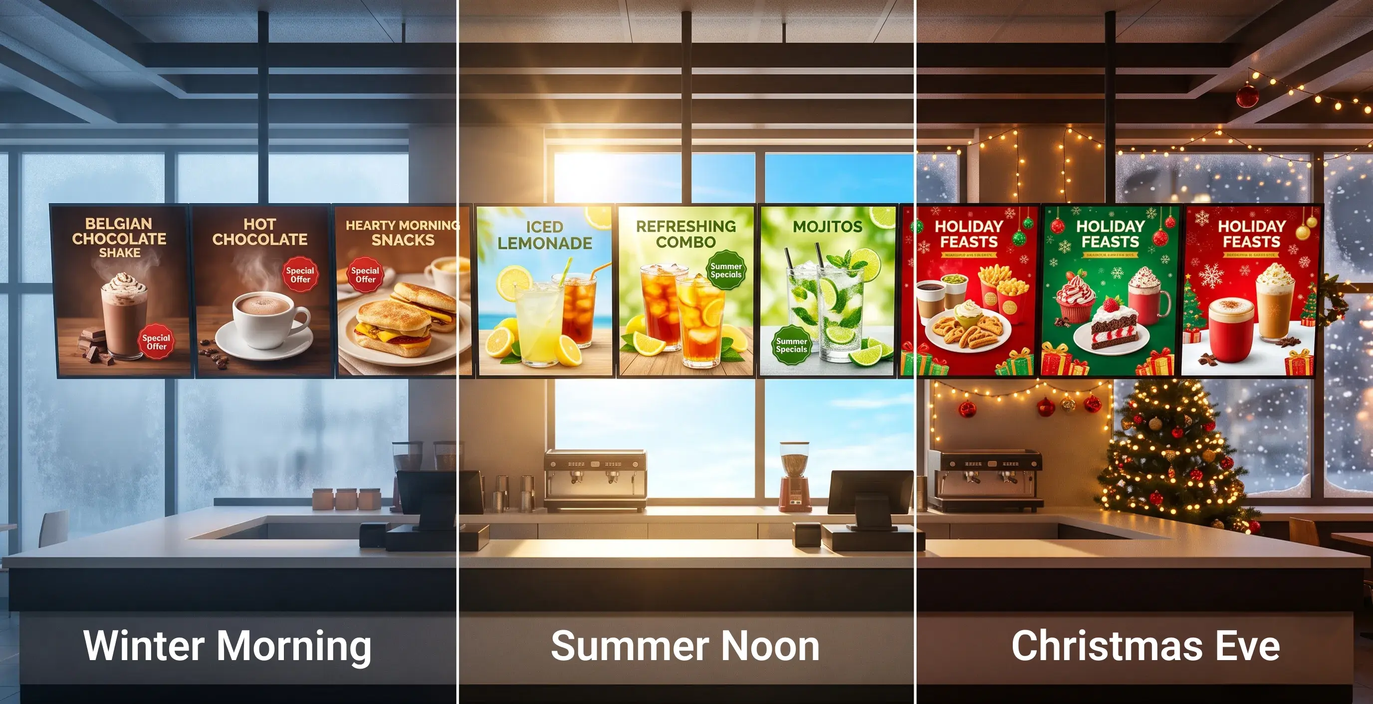 One menu board showing three different menus by time of day and season