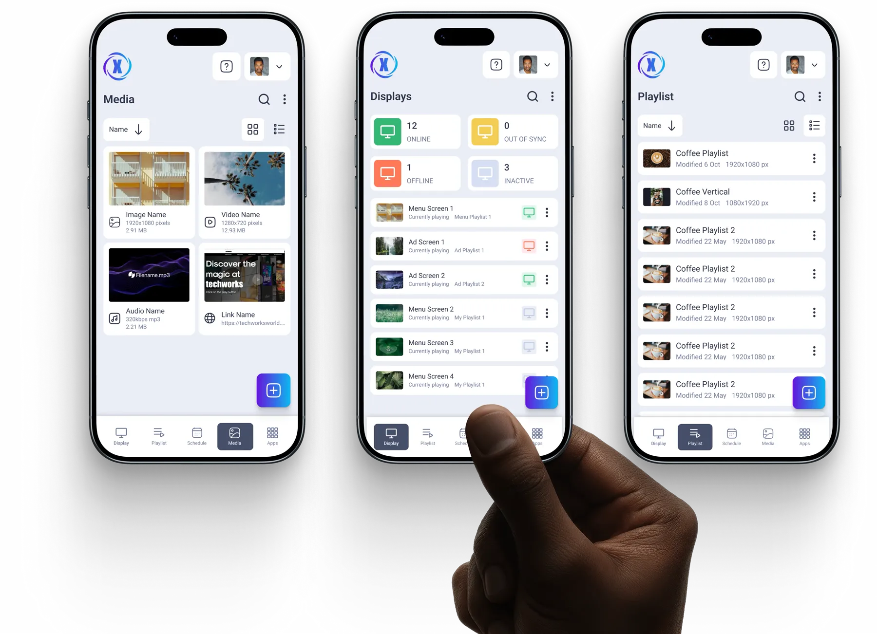 Xtravu Play on three phones: media, displays and playlists