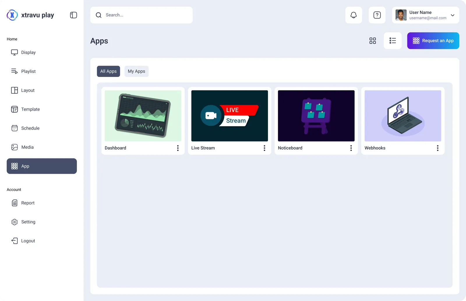 The Apps page with Dashboard, Live Stream, Noticeboard and Webhooks